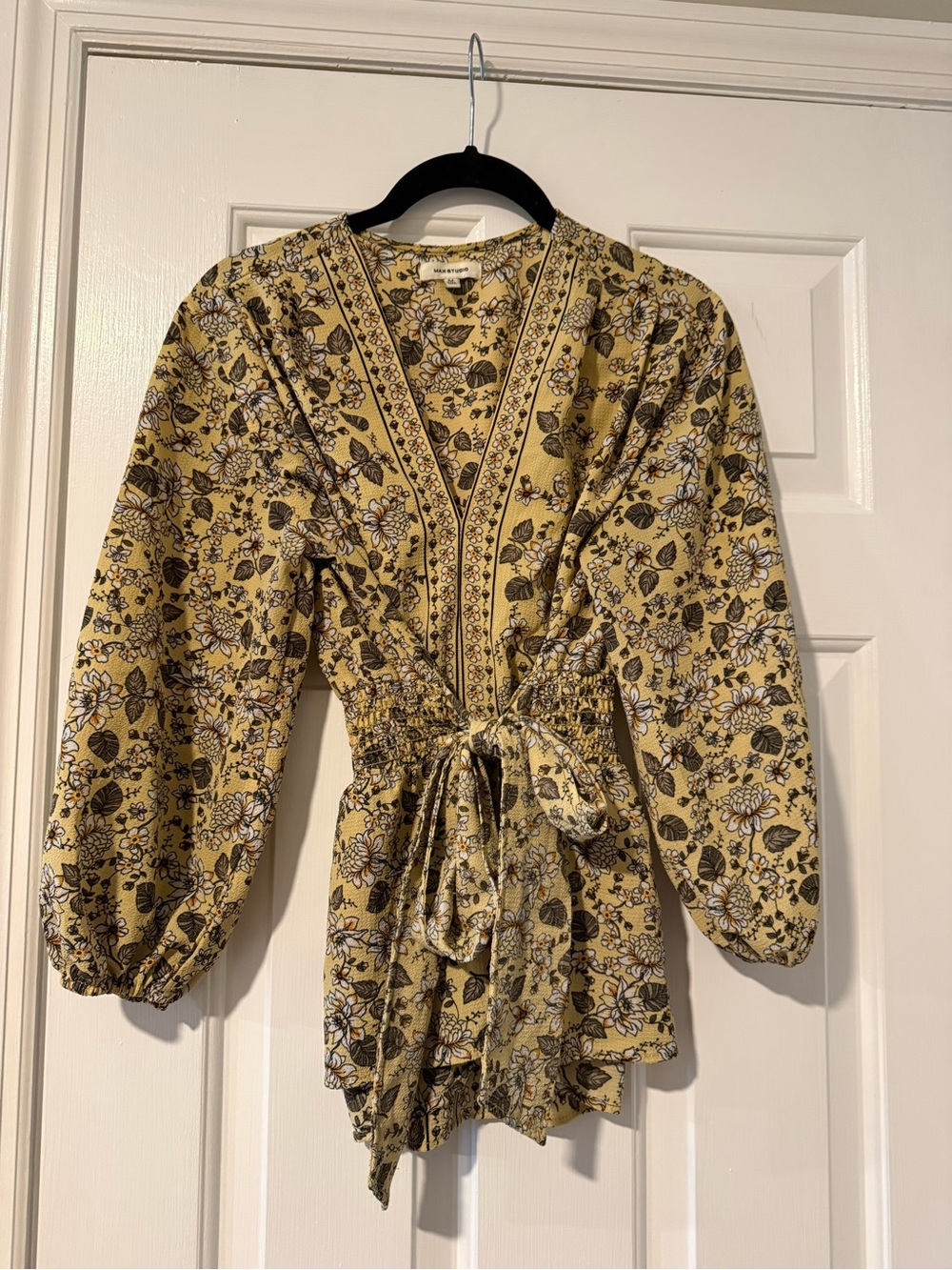 Max Studio Mustard Yellow Floral V-Neck Blouse